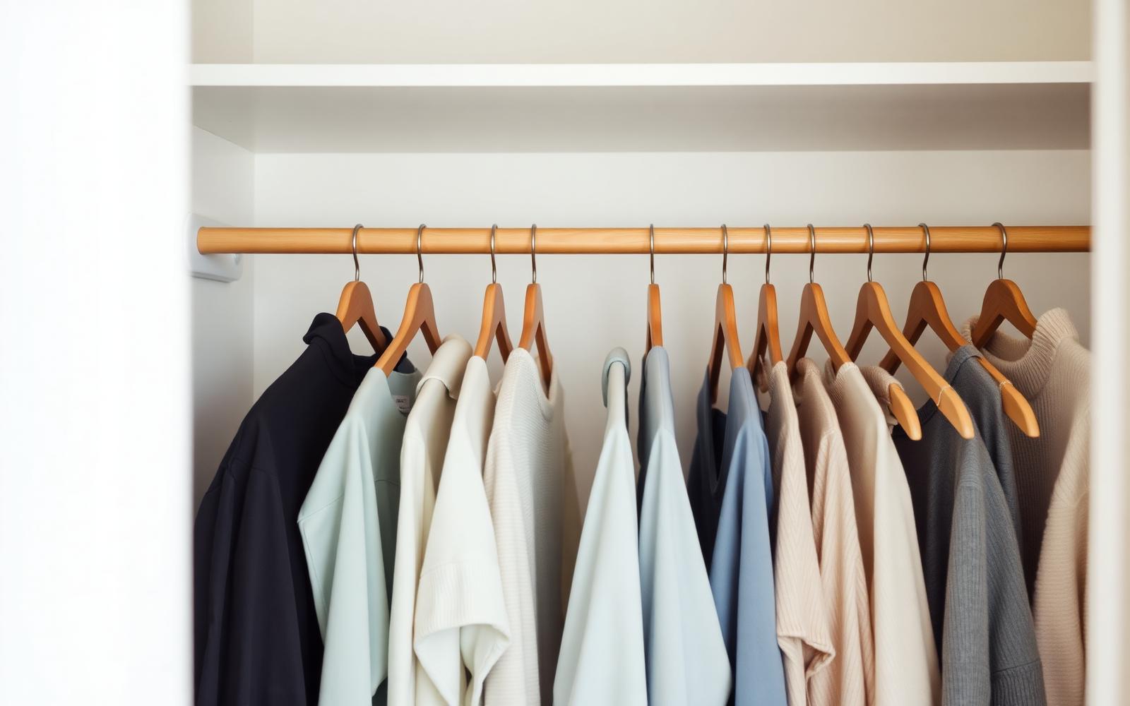 Neutral linen shirts and soft knitwear arranged on wooden hangers